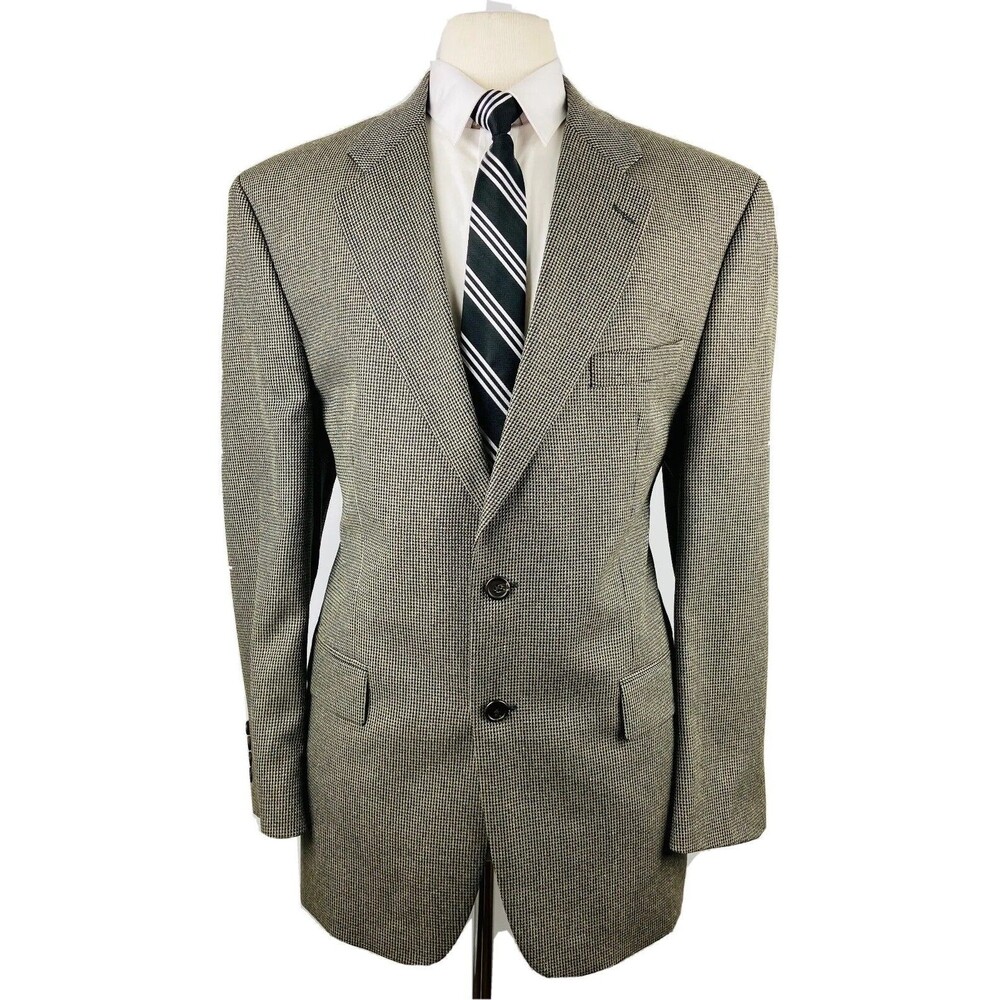 RALPH LAUREN MENS 43R BEIGE HOUNDSTOOTH SILK WOOL BLAZER SPORT COAT SUIT JACKET